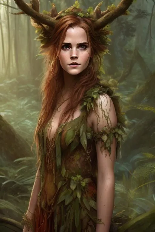 Prompt: forest druid by Emma Watson, short red dreadlocks, elegant long dress, DnD Fantasy, full body portrait, artstation, 8k, highly detailed, digital painting, posing on the jungle swamp, smooth, sharp focus