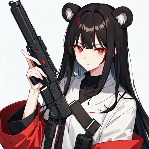 Prompt: Kuma 1male (pale) long black hair) (red eyes) holding a gun, nuclear fallout