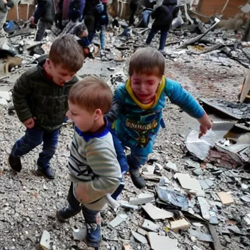 Prompt: ukrainian orphanage kids gettiong bombed crying bloody screaming children
