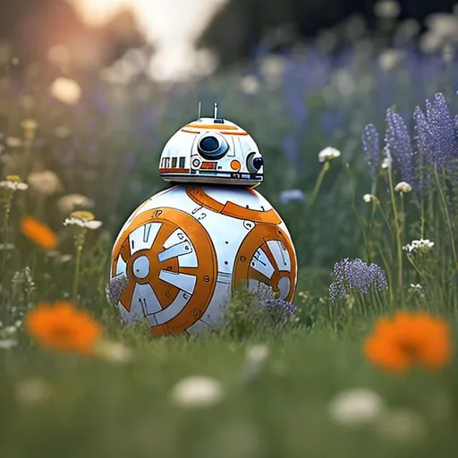 Prompt: Bb8 on the flower meadow,  Photorealistic.