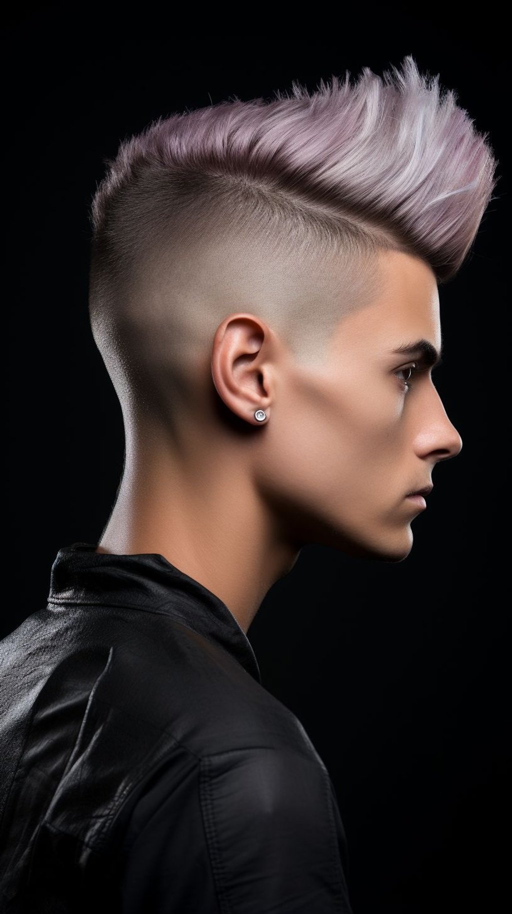 Prompt: side shot, head shot close up, shaved sides and back, spiked front, fade from top to the back, professional modeling magazine, Trendy lighting --upbeta --ar 9:16