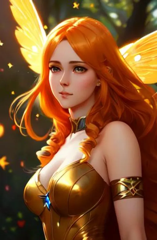 Prompt:     Magical Female Fairy,  yellow wings, light orange hair, dark gold
eyes, perfect features, extremely detailed, realistic. Krenz Cushart + loish +gaston bussiere +craig mullins, j. c. leyendecker +Artgerm, oil painting texture oil painting effect. 