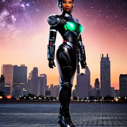 Prompt: Portrait of African American female android robot, futuristic Chicago skyline background perfect composition, 3D, hyperealistic, super detailed, 8k, high quality, trending art, trending on artstation, sharp focus, studio photo, intricate details, highly detailed, remix by dimedigital.com (IG blackdimepieces)