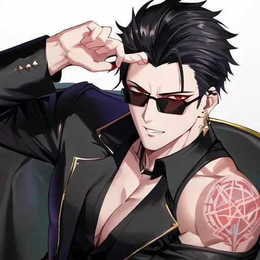 Prompt: Damien (male, short black hair, sharp and sassy red eyes), highly detailed face, 8K, Insane detail, best quality, UHD, handsome, flirty, muscular, Highly detailed, insane detail, high quality. black sunglasses resting on his head, gold jewelry, movie star, hollywood, he has a pentagram tattoo on his arm,,