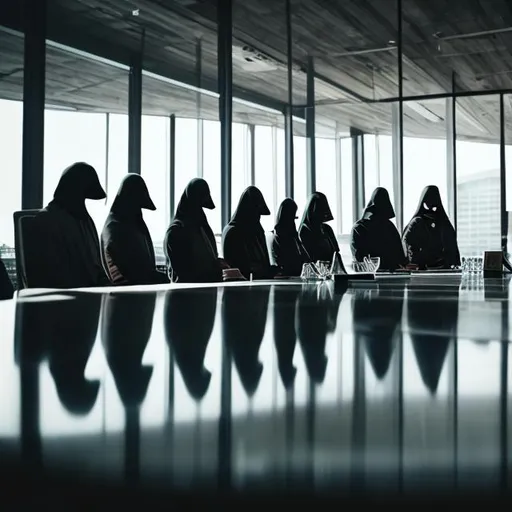 Prompt: standing at head of table in a dark room with no walls. There are hooded figures sitting on both sides of the long conference table 