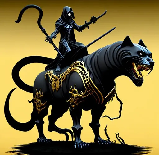 Prompt: grim reaper riding on a panther. black and gold colors