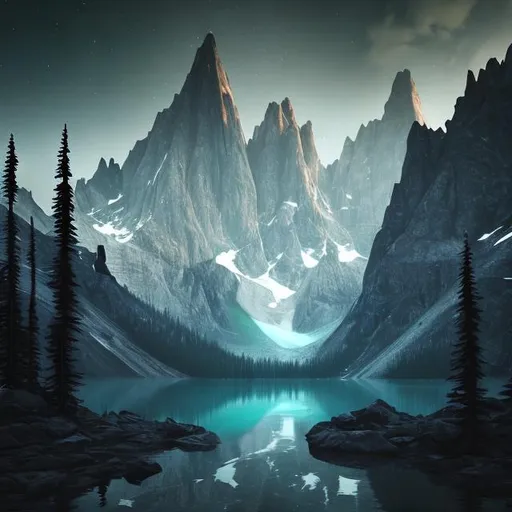 Prompt: Eerie mountain behind a dark lake