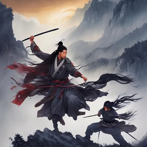 Prompt: wuxia, magic fight on the top of the moutain, moon light, painting, eagle eyes, realistic 