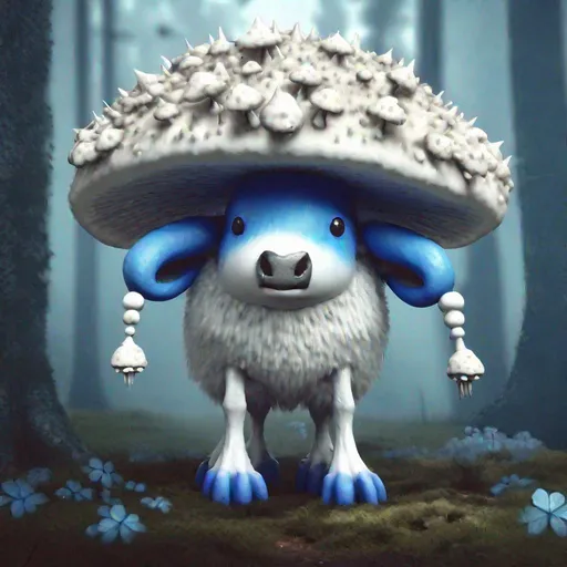 Prompt: Bipedal creature resembling a cow, white fur, wearing a blue-grey spiked mushroom cap, in a forest of mushrooms, masterpiece, best quality, wonderland style