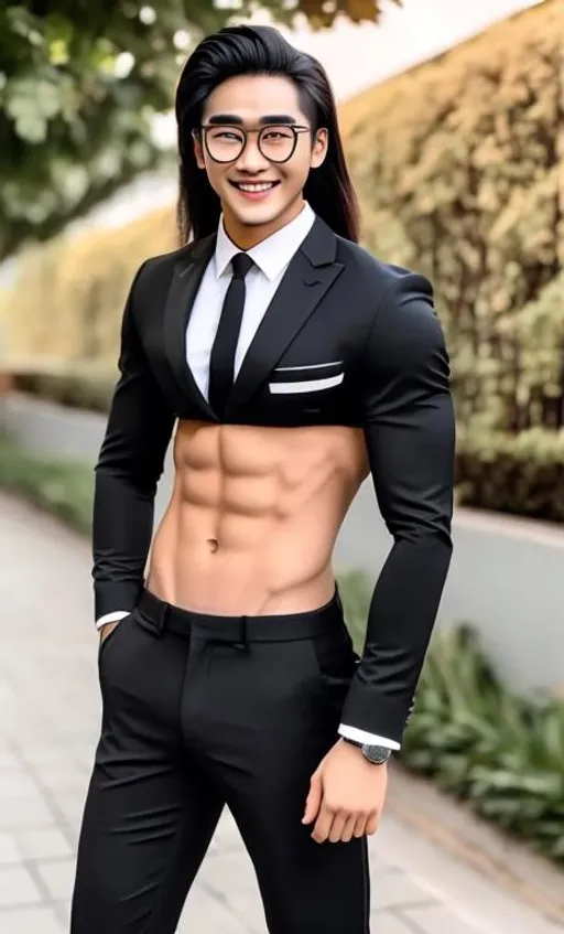 Prompt: an attractive long-haired 20-years old smiling man with a six pack abs and glasses wearing a crop top black suit and tie, he is by the meadows and buildings