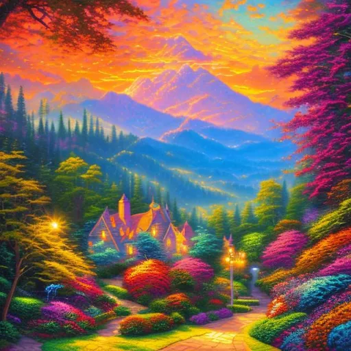 Prompt: Background by Thomas Kinkade. Colors by Lisa Frank.