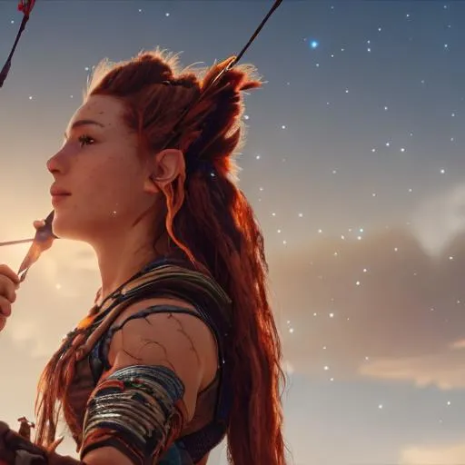 Prompt: Aloy 4K looking at the stars with a bow in hand