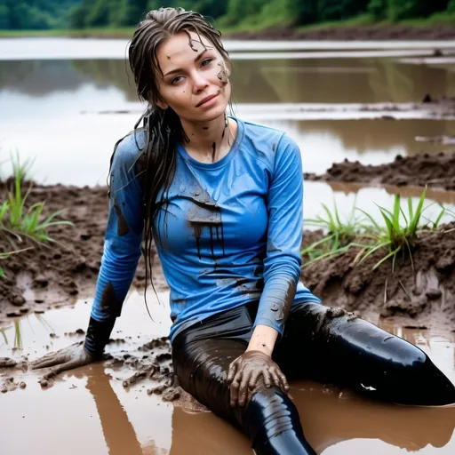 Prompt: photo of woman,laying down on the lake shore in the mud, muddy blue tight long sleeved t-shirt, muddy black tight long leggings, muddy white sneakers muddy, enjoying, dripping, muddy detailed face, muddy hair, detailed soaked and wet fabric texture, professional, high details
