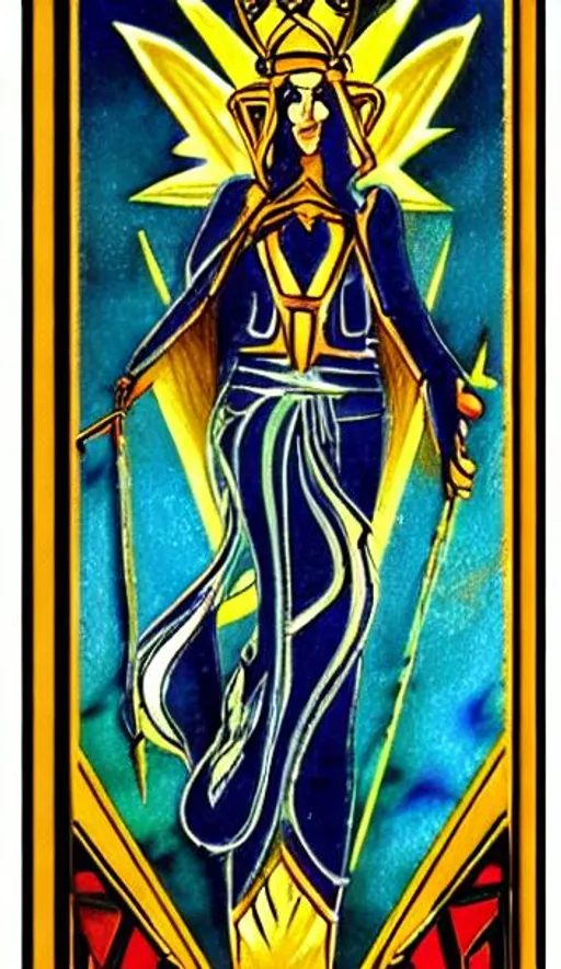 Prompt: Tarot "Queen of Wands",  jewel tones,  art deco, water and fire

