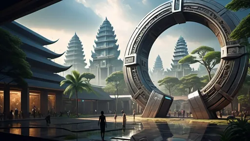 Prompt: magical portal between cities realms worlds kingdoms, circular portal, ring standing on edge, upright ring, freestanding ring, hieroglyphs on ring, complete ring, ancient cambodian architecture, gardens, hotels, office buildings, shopping malls, large wide-open city plaza, turned sideways view, futuristic cyberpunk tech-noir setting