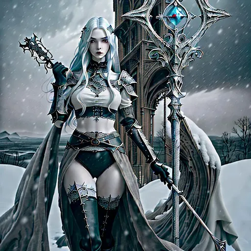 Prompt: Gorgeous perfectly detailed facial features, long legs, sumptuous hyper detailed perfect body, ultra pale, visible midriff, random pose, gothic fantasy, gloomy random dystopian top of the world landscape, heavy snow, female gothic mage with a Sceptre, 

wearing a weathered old period appropriate armor made of filigree, flowing random colored hair, random length hair, porcelain face, large reflective red eyes, fierce agonizing look, 

Splashart, wandering magical lights, surreal, symmetrical intricate details, hyper detailed perfect studio lighting, perfect shading, 

Professional Photo Realistic Image, RAW, artstation, splash style dark fractal paint, contour, hyper detailed, intricately detailed, unreal engine, fantastical, intricate detail, steam screen, complimentary colors, fantasy concept art, 64k resolution, deviantart masterpiece, splash arts, ultra details, Ultra realistic, hi res, UHD, complete 3D rendering.