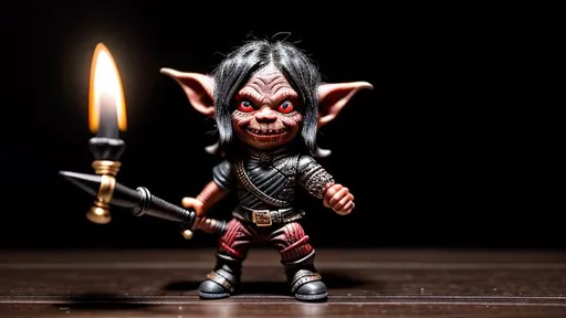 Prompt: {{{Small Male Goblin with Red eyes and pointed teeth}}}, {{Holding a black dagger}}, {Sinister, Evil}, High Quality, Hyper Detailed, Intricate Detail, Dark Colors