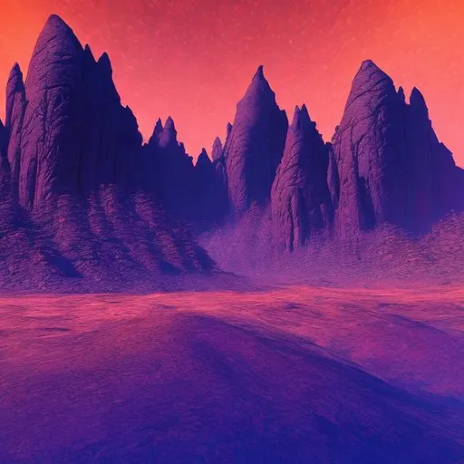 Prompt: concept art, thick red sandstorm grain filter, "Warlocks and Warriors" Sprague de Camp style, purple desert, jagged purple rock crags