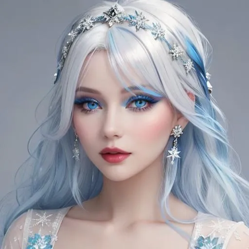 Prompt: A beautiful woman, snow white hair with pastel highlights, frosty blue eyes, blue eyeshadow, blue jewels on forehead