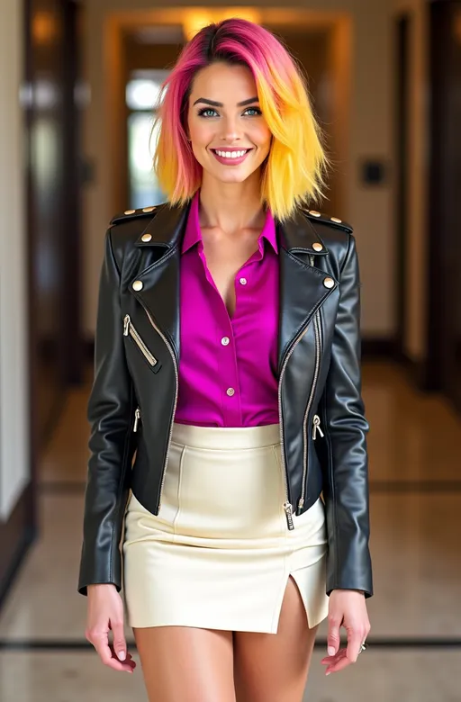 Prompt: Beautiful elegant tall curvy woman, piercing blue eyes, chic bob-cut yellow-pink-magenta hair, gorgeous square face, happy smile, short Mondrian Cubism pattern leather jacket, fuchsia blouse, cream skirt with thigh slit, long legs, luxe lobby, well lit, high detail & quality, 8k, pro photo.