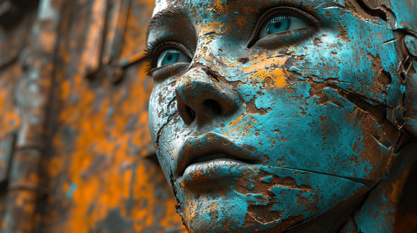 Prompt: Render a wide scene where a technologically advanced head stands out, bathed in shades of teal, orange, and oxidized rust. The head is marked by significant, multi-ring eyes, aged finishes, and extending tubular pieces. The environment offsets this with ephemeral cerulean streaks meandering over a sienna background.