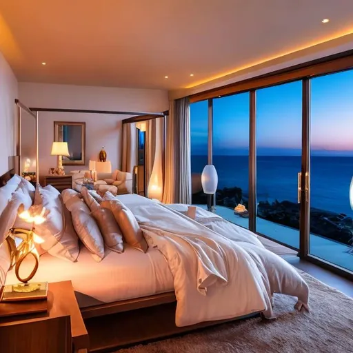 Prompt:  A 6:9 image of a candle lit modern luxury bedroom with king bed and romantic vibes overlooking the ocean at sunset 