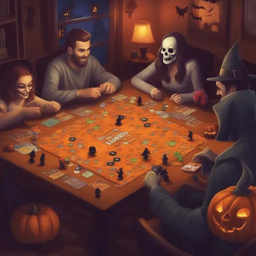 Prompt: board games, halloween night, people playing board games