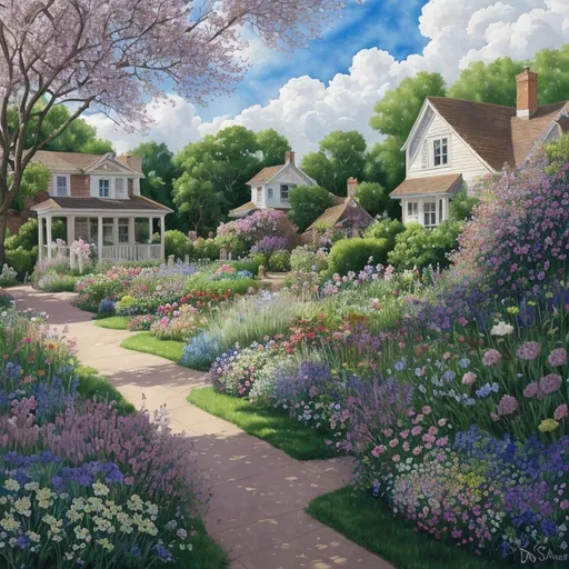 Prompt: a painting of a garden with flowers and a house in the background with a blue sky and clouds in the background, David Martin, american scene painting, highly detailed digital painting, a watercolor painting