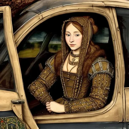 Prompt: Beautiful medieval young lady driving a big car, dressed in brocate, oil painting, 16th century, realistic, in the style of Holbein
