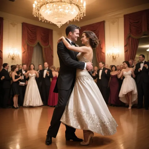 Prompt: In an opulent ballroom adorned with sparkling chandeliers and ornate decorations, couples dance gracefully to the rhythm of a lively waltz. The women wear elegant gowns with flowing skirts, while the men are dressed in tailored suits, exuding charm and sophistication.

At the center of the dance floor, a couple stands out - their chemistry undeniable. The man gazes into the woman's eyes with affection, while she smiles coyly, her hand placed gently on his shoulder. Their dance moves are fluid and synchronized, drawing the attention of onlookers.

Surrounding them, guests mingle, sipping champagne and engaging in lively conversation. The atmosphere is filled with romance and excitement, capturing the essence of "Third Rate Romance," a song that tells a tale of love and intrigue in a glamorous setting.