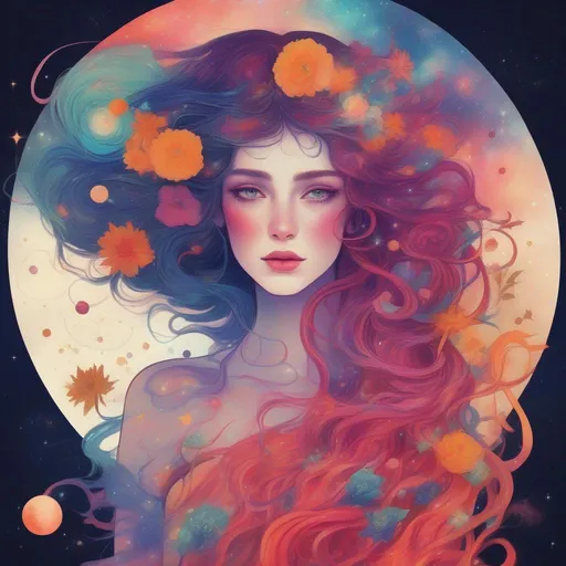 Prompt: Colorful and beautiful Persephone with hair that is made out of the cosmos