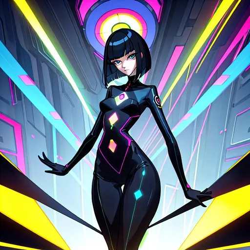 Prompt: a lonely AI girl, very tall, thick thighs, wide hips, long legs, slender arms, slender waist, big beautiful symmetrical eyes, intriguingly beautiful face, aloof expression, bob haircut with bangs, wearing acid neo-GothPop fashion clothes, 12K resolution, hyper quality, hyper-detailed, hyper-realistic, hyper-professional