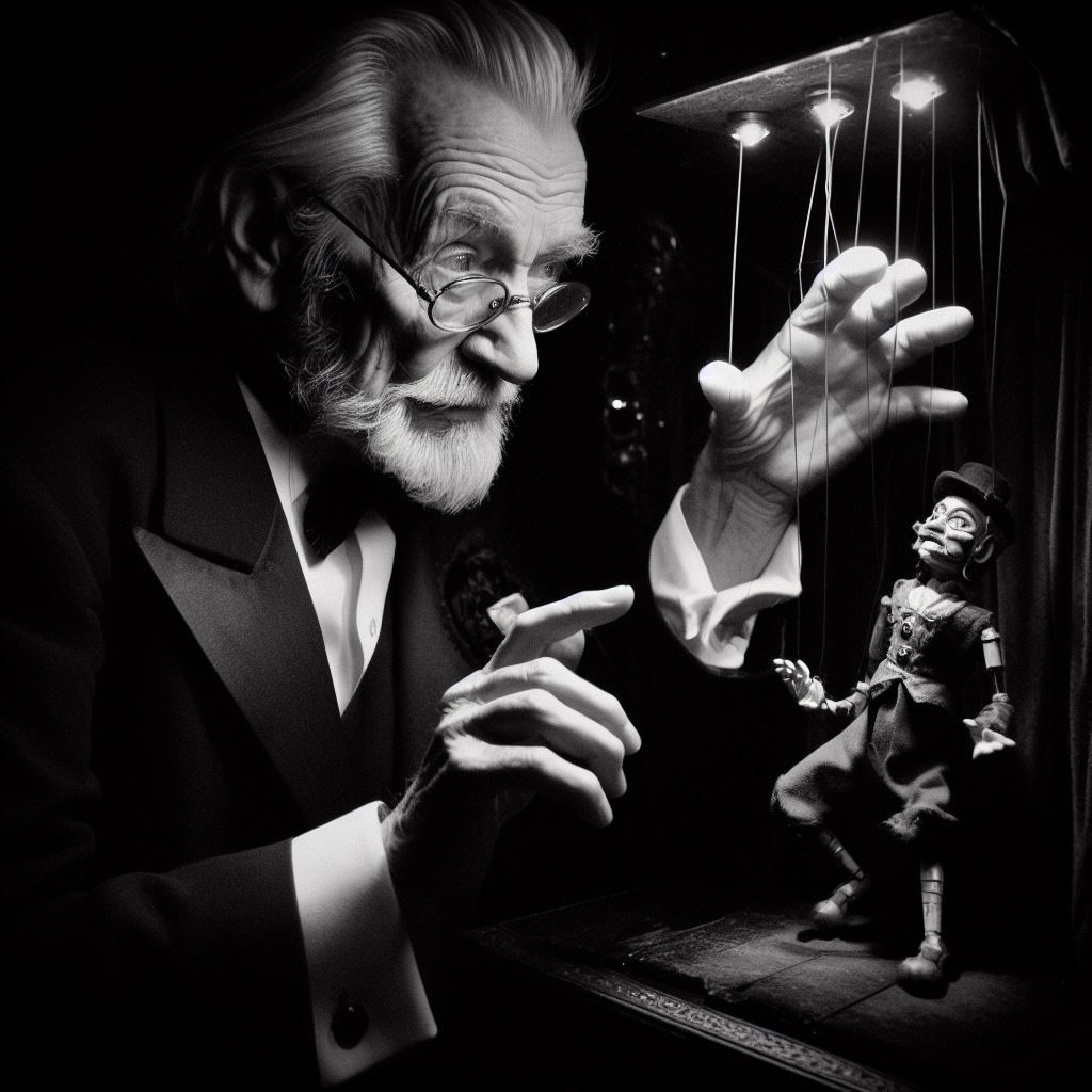 Prompt: black and white photo that capture the grand master puppet master doing his magic work