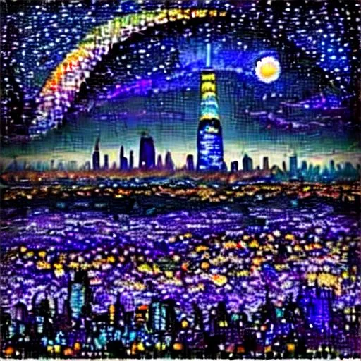 Prompt: van gogh night sky blue white yellow and purple, pointillism, impressionism, future city with 2 high towerand highway, flat city lights in the distance, in front a forest of purple orange and yellow colors, large moon, many little star