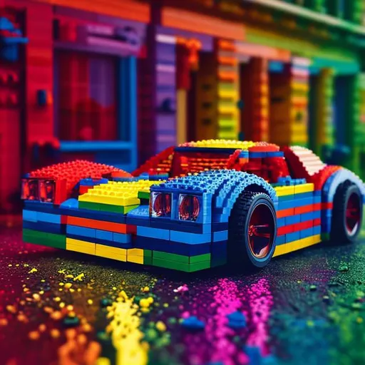 Prompt: professional color splash photo of a car built out of lego bricks, various vibrant colors, reflecting, highly detailed, 8K, cinematic lighting