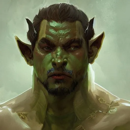 Prompt: a highly detailed portrait painting of an orc barbarian male, short brown hair, long elf ears, green skin, by greg rutkowski and alphonse mucha, sharp focus, matte, concept art, artstation, digital painting