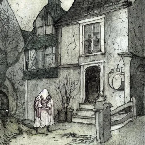 Prompt: Ghost outside a house Anton Pieck