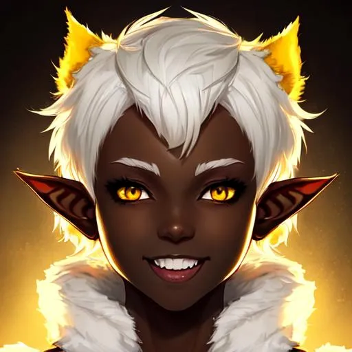 Prompt: Face portrait, gorgeous woman, dark skin, white messy fluffy short hair, yellow eyes, elf ears, playful smile with fangs, golden ratio, Boku no hero art style