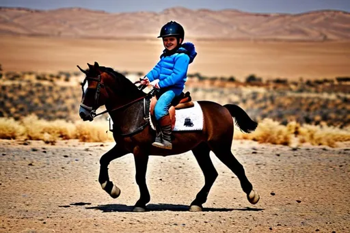 Prompt: a young boy riding a horse in a windy desert