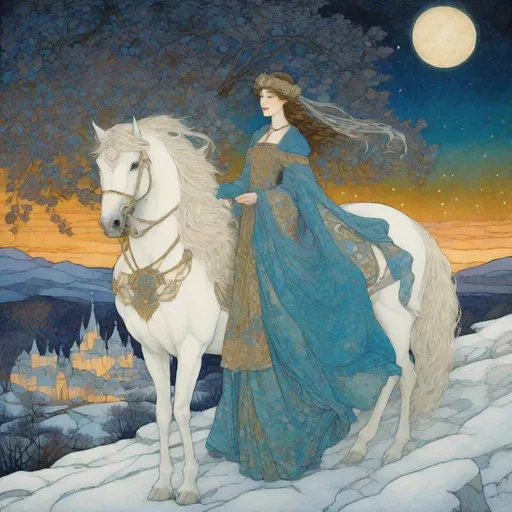 Prompt: Inlay Aubusson tapestry: a winter enchanted beautiful princess and her white horse, a whimsical village landscape background under a beautiful twilight night sky art by Carlos Schwabe, Edmund Dulac, Iris Scott, John Lowrie Morrison, Thomas Edwin Mostyn, Gustav Klimt, John Piper, William Timlin, John Bauer. 3/4 portrait, beautiful pastel aquarelle colours, crispy quality, cinematic smooth, polished finish, high quality, very clear resolution, blue, gold and rose tones, metallic glow