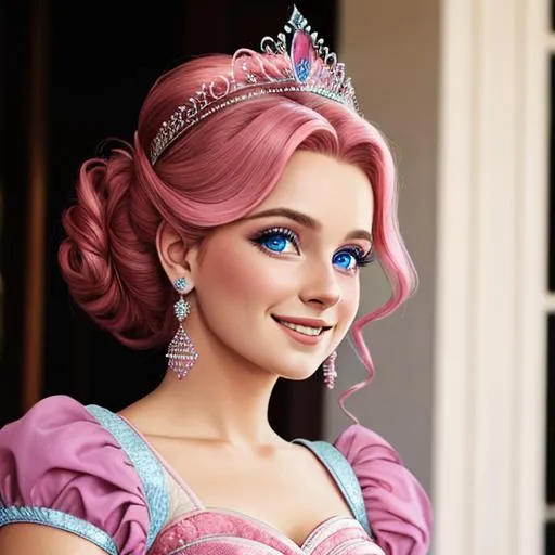 Prompt:  princess wearing pink, radiant smile, beautiful blue eyes, wearing a tiara, hair in an updo, facial closeup