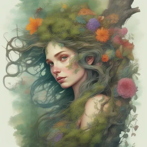 Prompt: A colourful and beautiful Persephone, a forest nymph, with tree bark for skin, branches growing out of her head as hair, moss, plants and flowers growing on her, and flowers and moss for a dress on her in a painted style, framed mountains