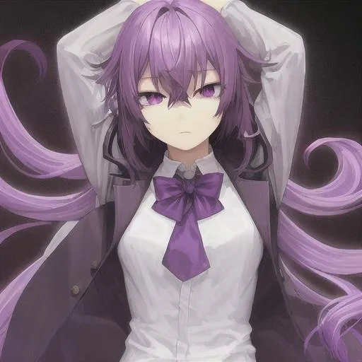 Prompt: A visual novel sprite of a purple-haired flat high school girl with empty eyes.