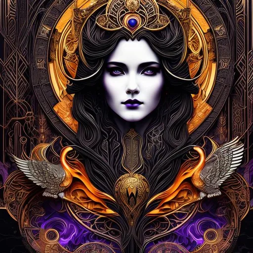 Prompt:  black and white art Nouveau + cyberpunk style with gorges goddess of life and death head that has golden black orange and purple crest on forehead and colorful Calibri birds in back ground, cinematic, ultra realistic, super detailed, digital art