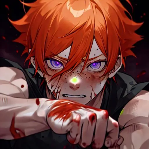 Prompt: Erikku male (short ginger hair, freckles, right eye blue left eye purple) UHD, 8K, Highly detailed, insane detail, best quality, high quality, fighting, in pain, wounded, covered in blood