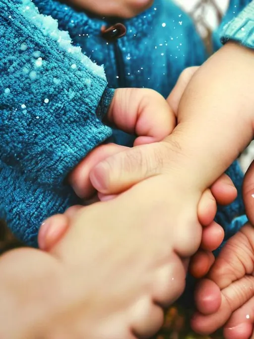 Prompt: A cartoon photo of a mother hand holding her sons hand with wintry background 