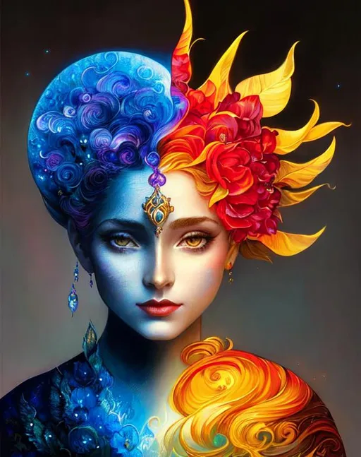 Prompt: Night and Day. Intricate details art by Josephine wall, taras loboda, Anna Dittmann, catrin Welz-Stein, van Gogh, tom Bagshaw. 