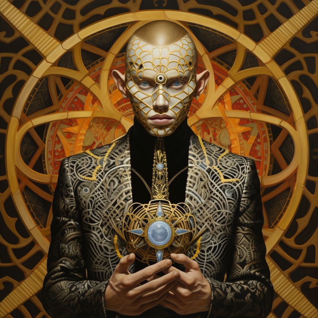 Prompt: a painting depicting a man in front an elaborate triad symbol, in the style of cyberpunk futurism, intricate patterns and details, dino valls, psychedelic color schemes, bryan hitch, scott adams, neo-victorian