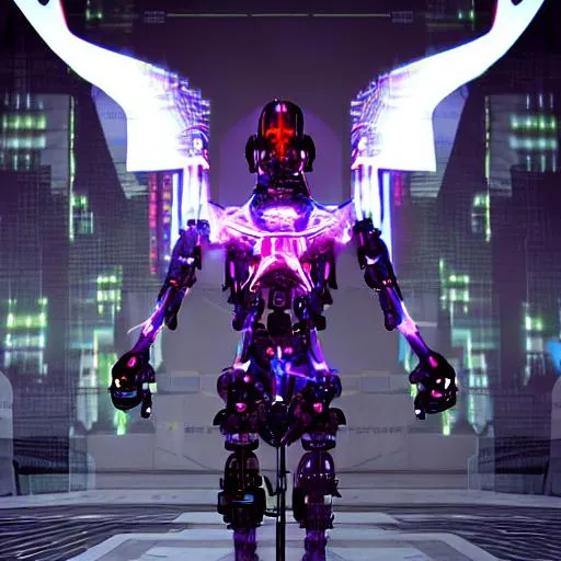 Prompt: A cyborg demon luminated by the virtual god cyberpunk 3D art