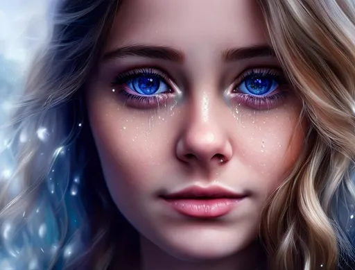Prompt: Beautiful girl with tears on her face,hyperrealistic painting, in her wet blue eyes you can see the sky sprouting,
contest winner,hyperrealism,ultra realistic digital painting,hyperrealistic,wet eyes,wet lips,deep shadows,8k,

